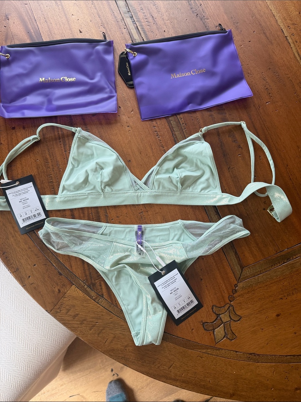 Maison Close Water Green Sheer Triangle Bikini Set Top USA 6 and Bottom USA 4